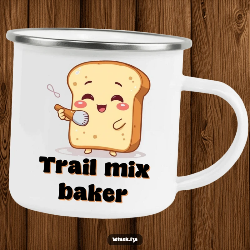Funny camping mug with a giggling bread slice character dusting flour with a tiny brush, ideal for outdoor baking enthusiasts.