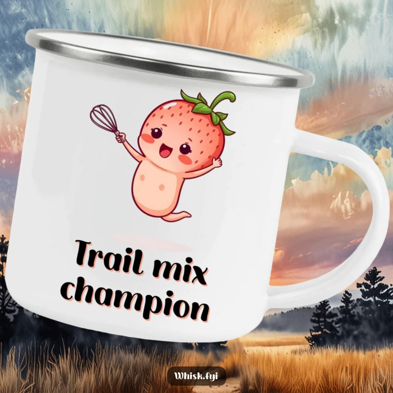 Funny kawaii strawberry camping mug, performing a cartwheel while holding a tiny whisk, durable and hilarious outdoor bakers gift, perfect funny gift.