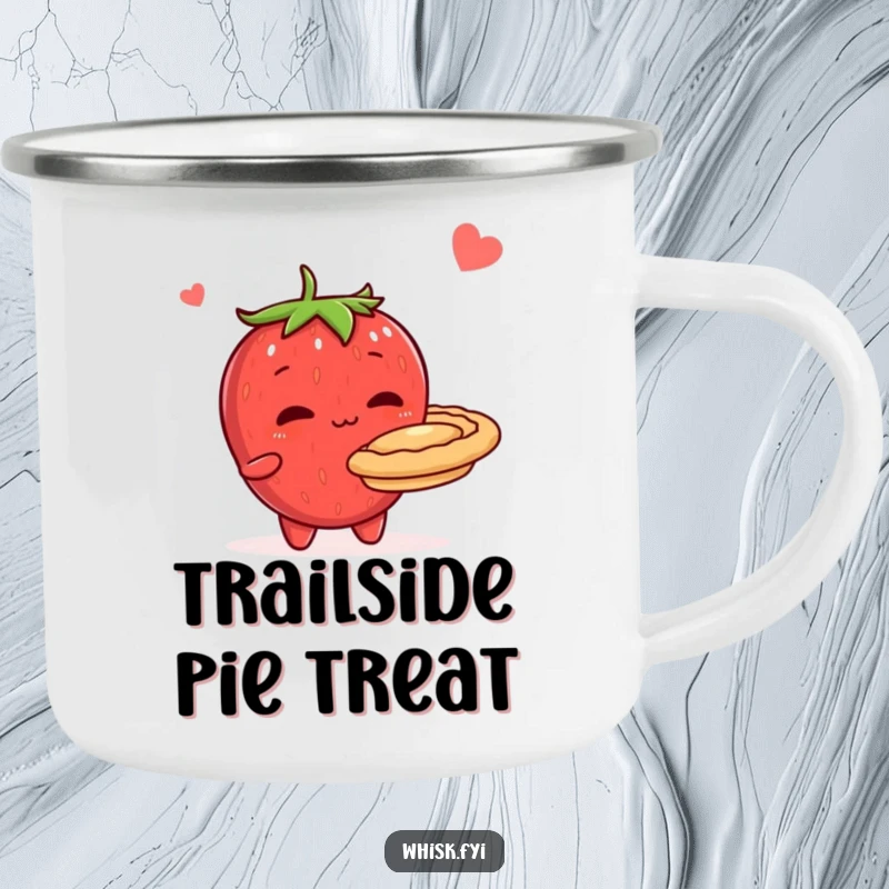 Funny camping mug featuring a shy, blushing strawberry character holding a pie, ideal for enjoying beverages during outdoor activities.