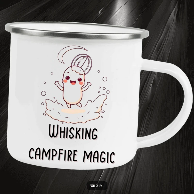 Funny camping mug with a happy, anthropomorphic whisk character twirling playfully in a cloud of flour, ideal for outdoor chefs.