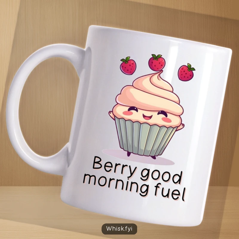 Funny mug featuring a smiling cupcake character skillfully juggling three small red berries in the air, radiating joy and playful energy.