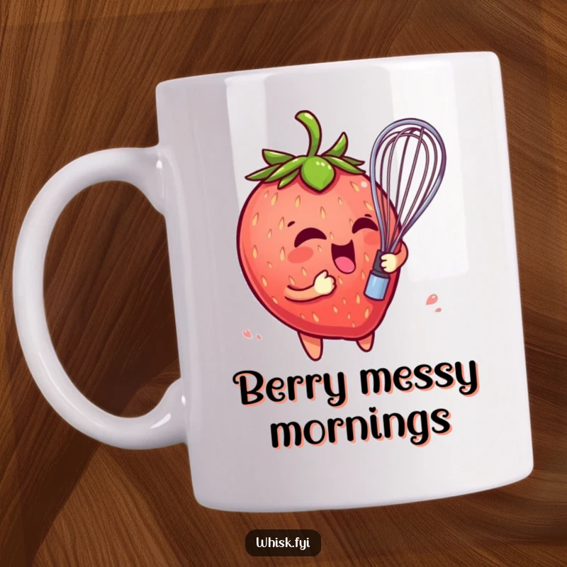 Funny mug depicting a playful strawberry character comically entangled in a whisk, a humorous and fruity kitchen scene.