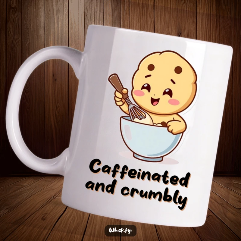 Funny mug showing a happy cookie character energetically whisking batter in a bowl, a delightful scene for bakers.