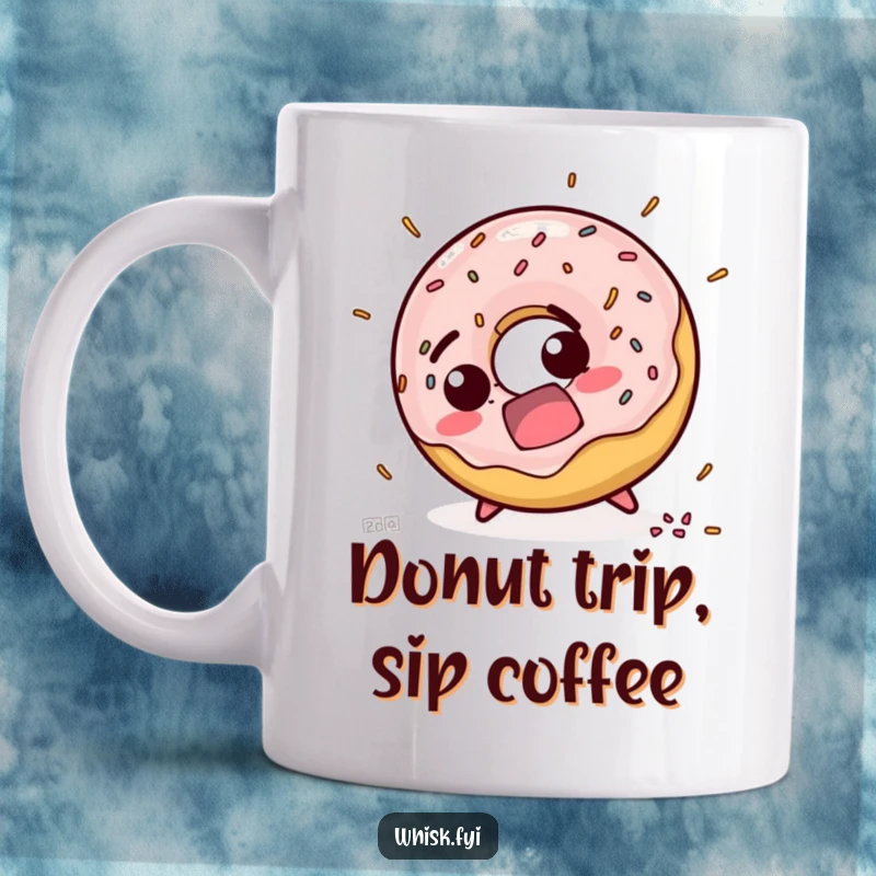Funny mug featuring a startled doughnut character mid-trip, with sprinkles scattering wildly, capturing a moment of hilarious surprise.