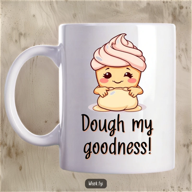 Funny mug of a smiling cupcake with tiny hands adorably kneading dough, perfect for bakers and pastry lovers.