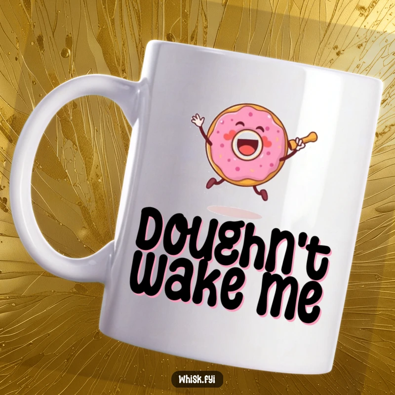Funny mug featuring a joyful donut character energetically jumping while holding a rolling pin, celebrating baking.