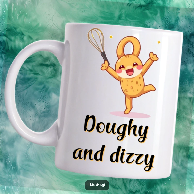 Funny mug showing a delighted pretzel doing a celebratory somersault while holding a whisk, full of baking joy.