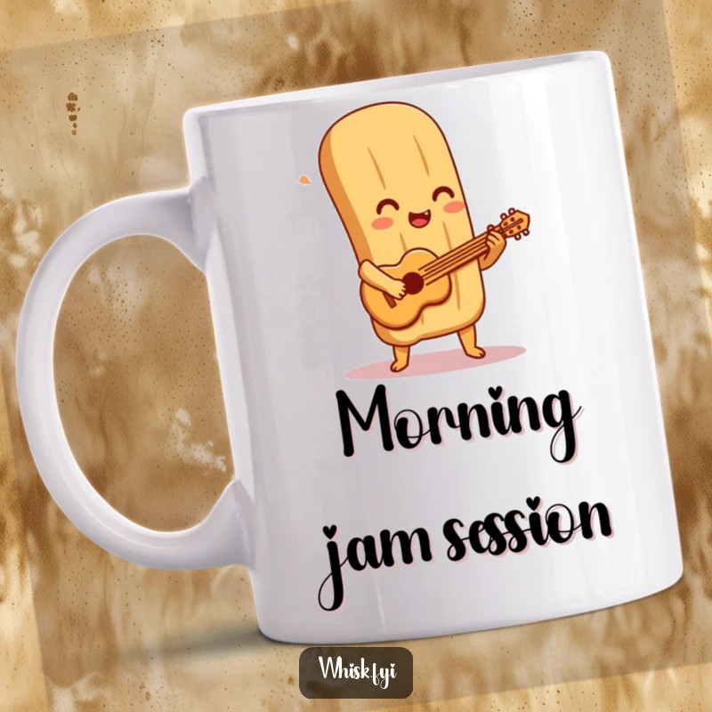Funny baguette mug shows a delighted baguette character strumming a tiny pastry guitar with a joyful expression, a musical food design.