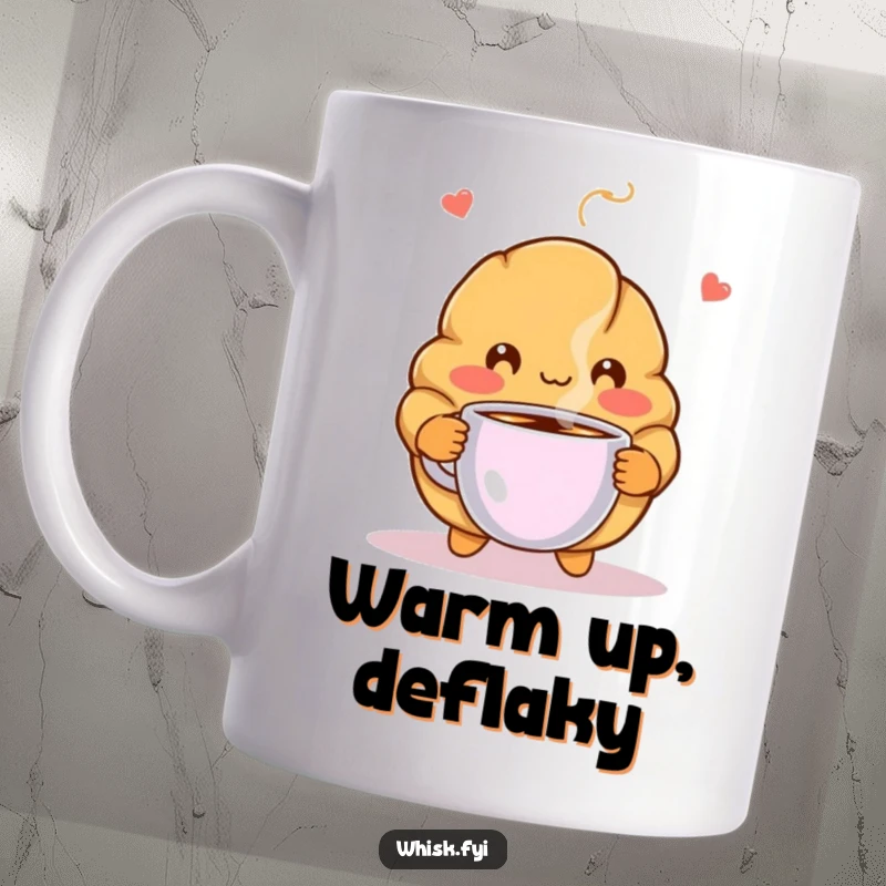Funny mug featuring a shy, blushing croissant offering a steaming cup of coffee, radiating warmth and gentle humor.