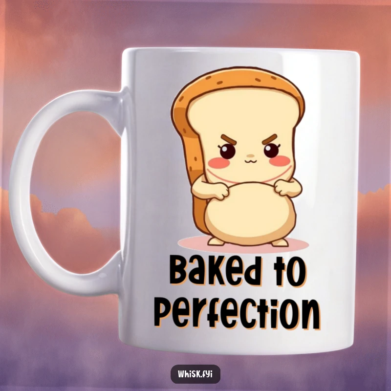 Funny determined brown bread loaf character proudly kneading dough with gusto on this mug, a great baking humor gift.