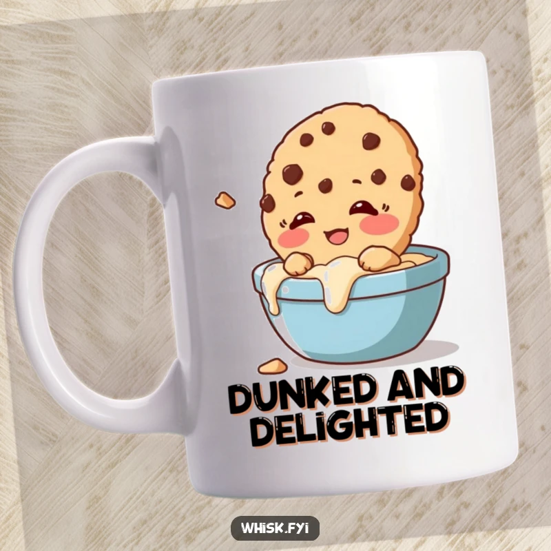 Funny mug depicting a giggling cookie happily crumbling slightly as it's dunked into a mug.