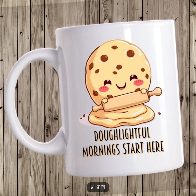 Funny mug featuring a happy cookie character with a tiny rolling pin, joyfully kneading dough, perfect for bakers.
