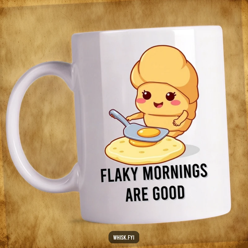 Funny smiling croissant expertly flipping a pancake with a spatula on a humorous mug.
