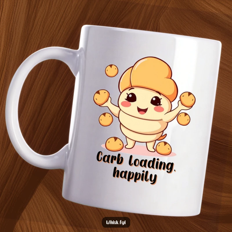 Funny mug featuring a smiling croissant character expertly juggling miniature bread rolls with pure glee and buttery delight.