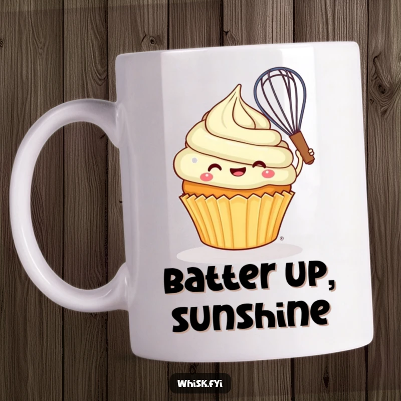 Funny cheerful cupcake joyfully swirling batter with a whisk on a humorous mug.