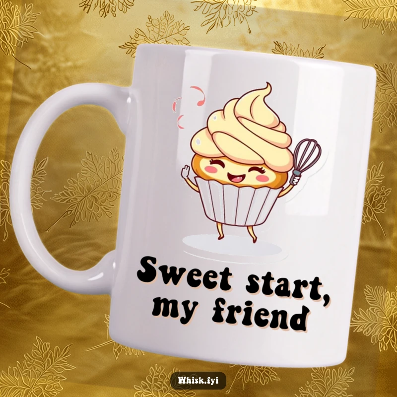 Funny mug depicting a smiling cupcake character playfully twirling a whisk, a sweet and humorous kitchen accessory.