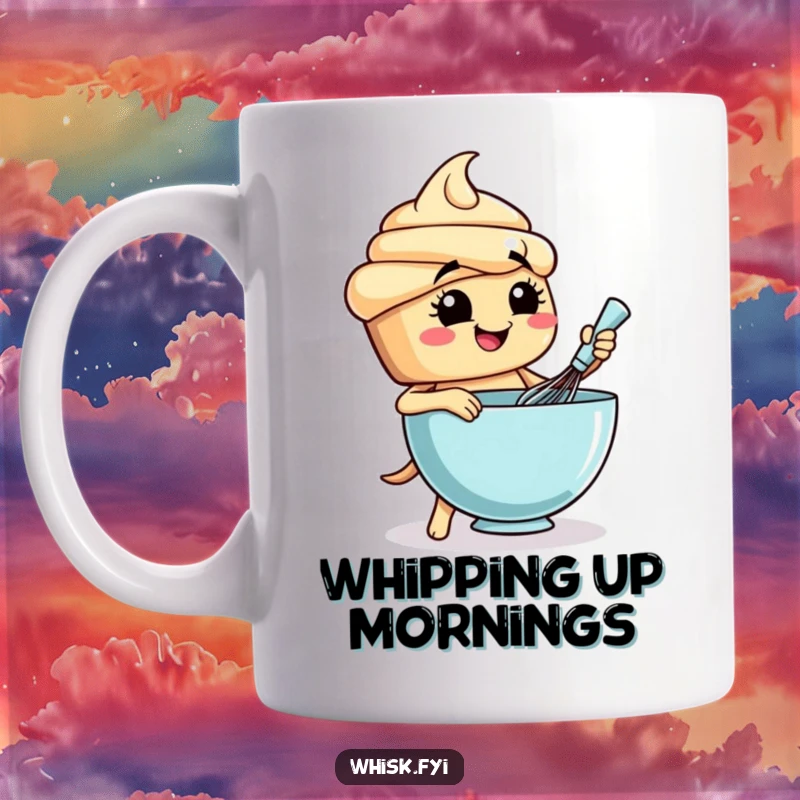 Funny smiling cupcake character energetically whisking batter in a bowl, radiating pure joy and baking enthusiasm.