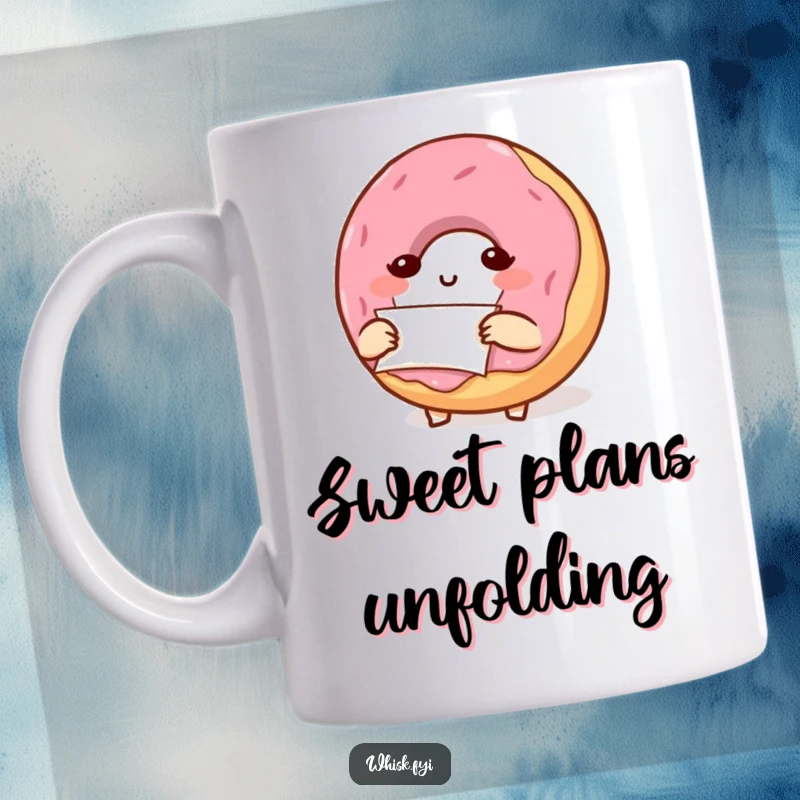 Funny, small donut character with a focused expression, carefully folding a piece of parchment paper, conveying dedication.