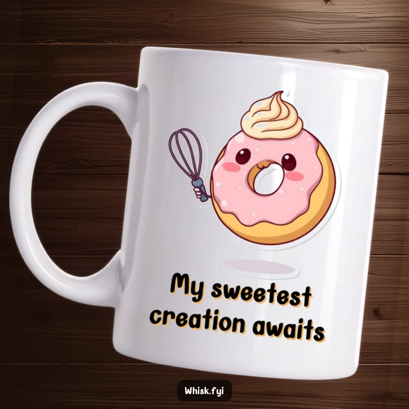 Funny donut character with a whisk, happily swirling colorful frosting on a mug, symbolizing culinary joy and sweet indulgence.