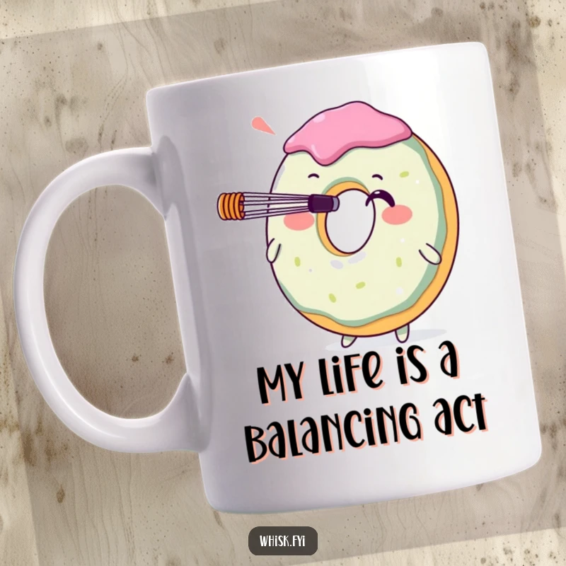 Funny donut character skillfully balancing a whisk on its nose, on a white ceramic mug, perfect for bakers. A delightful and humorous kitchen gift.