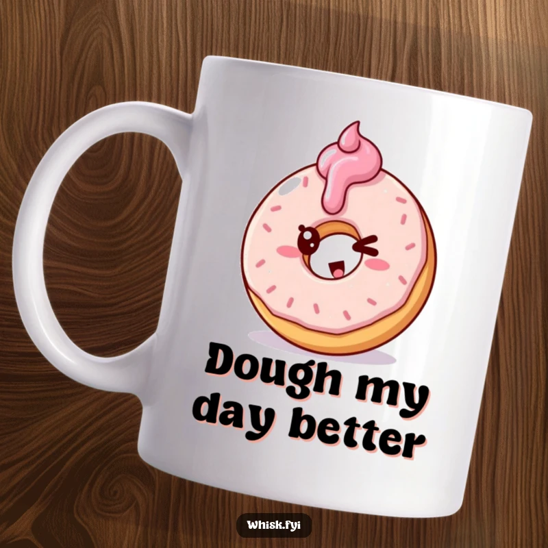Funny mug with a playful doughnut winking mischievously while spreading frosting on another sweet treat.