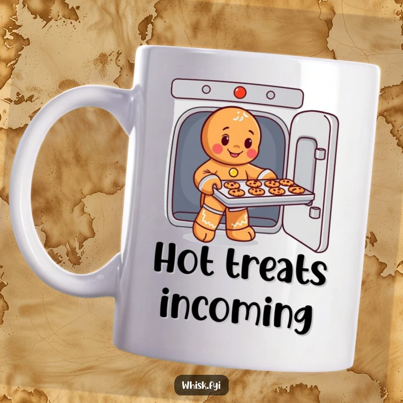 Funny mug depicting a playful gingerbread man expertly sliding a tray of cookies from an oven, a delightful gift for bakers.