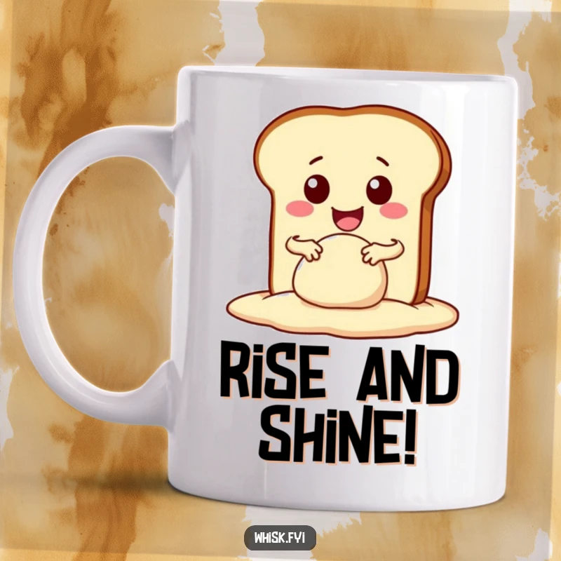 Funny kawaii bread slice enthusiastically kneading dough with a wide smile, printed on a mug. A humorous and heartwarming baking design.