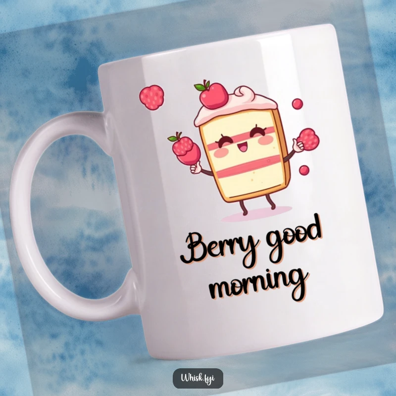 Funny Kawaii cake slice mug, playfully juggling small berries with a cheerful expression, a sweet and humorous item.