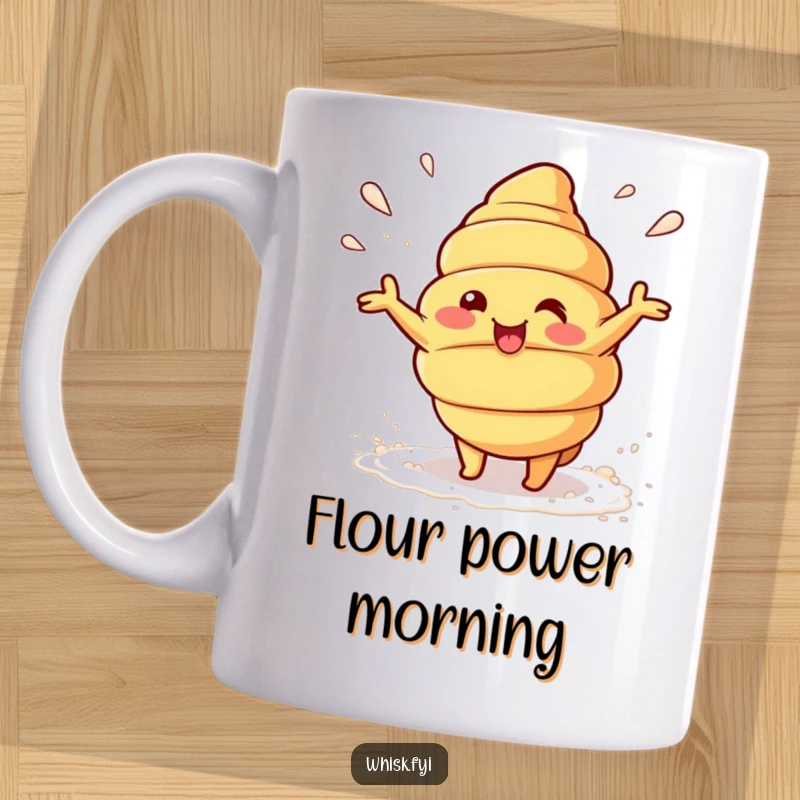 Funny Kawaii croissant character beaming and playfully tossing flour onto a mug, looking like a happy baker.