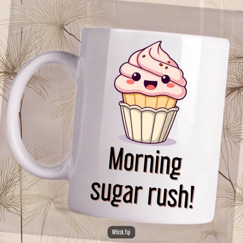 Funny kawaii cupcake, excitedly popping out of its paper cup, bringing joy to a coffee mug, perfect for dessert lovers gift.