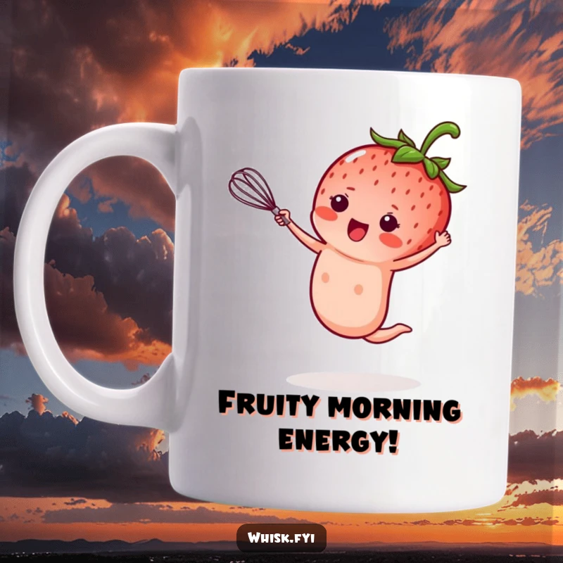 Funny kawaii strawberry doing a cartwheel while holding a tiny whisk, a hilarious baking mug, perfect for kitchen lovers gift.