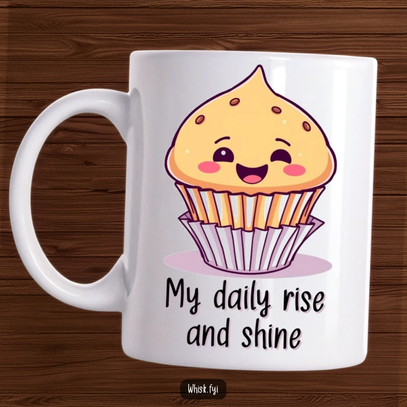 Funny muffin mug featuring a joyful muffin character popping out of its paper liner with pure glee and excitement.