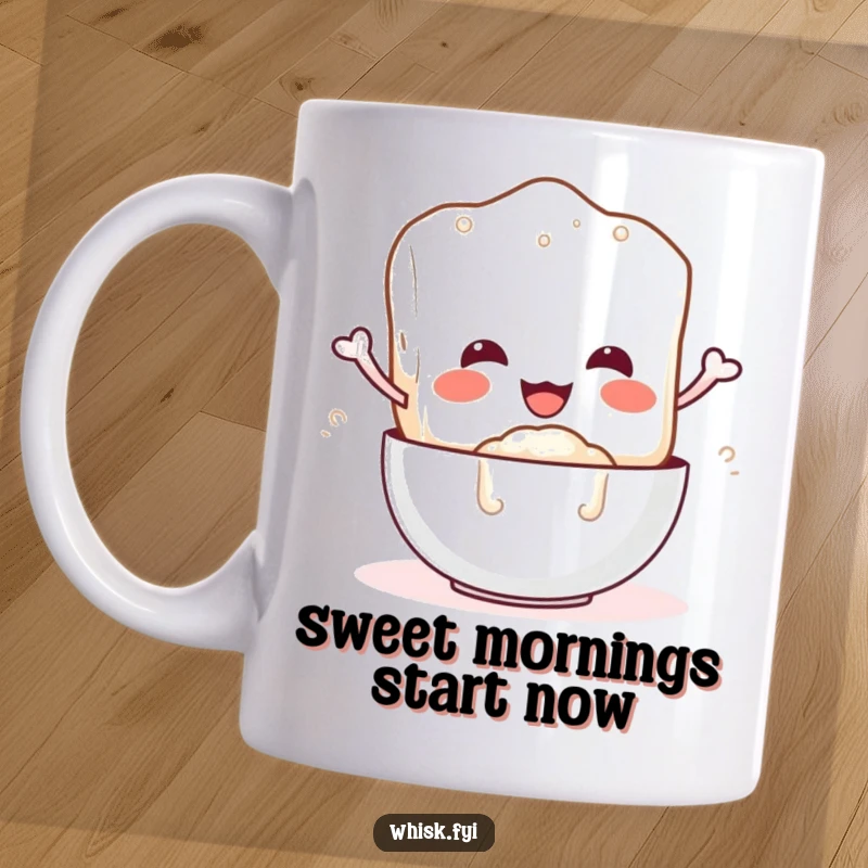 Funny mug featuring a smiling sugar cube character joyfully pouring sugar into a bowl, a sweet and humorous scene.