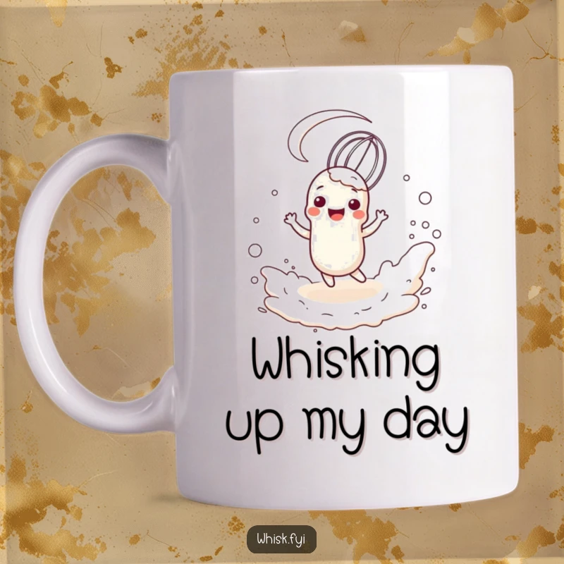 Funny anthropomorphic whisk character playfully twirling in a fluffy cloud of flour, conveying culinary delight.