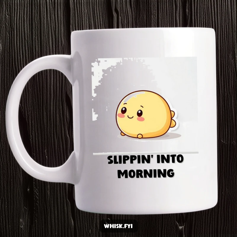 Funny mug showing a wobbly, round butter character happily sliding across a smooth surface, a delightful and humorous kitchen design.