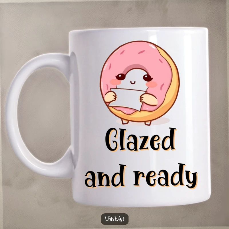 Funny mug featuring a determined, small donut character carefully folding a small piece of parchment paper with focus.