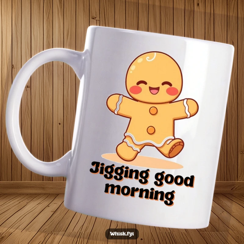 Funny Kawaii gingerbread man mug, giggling and doing a happy jig, a sweet and humorous kitchen item.