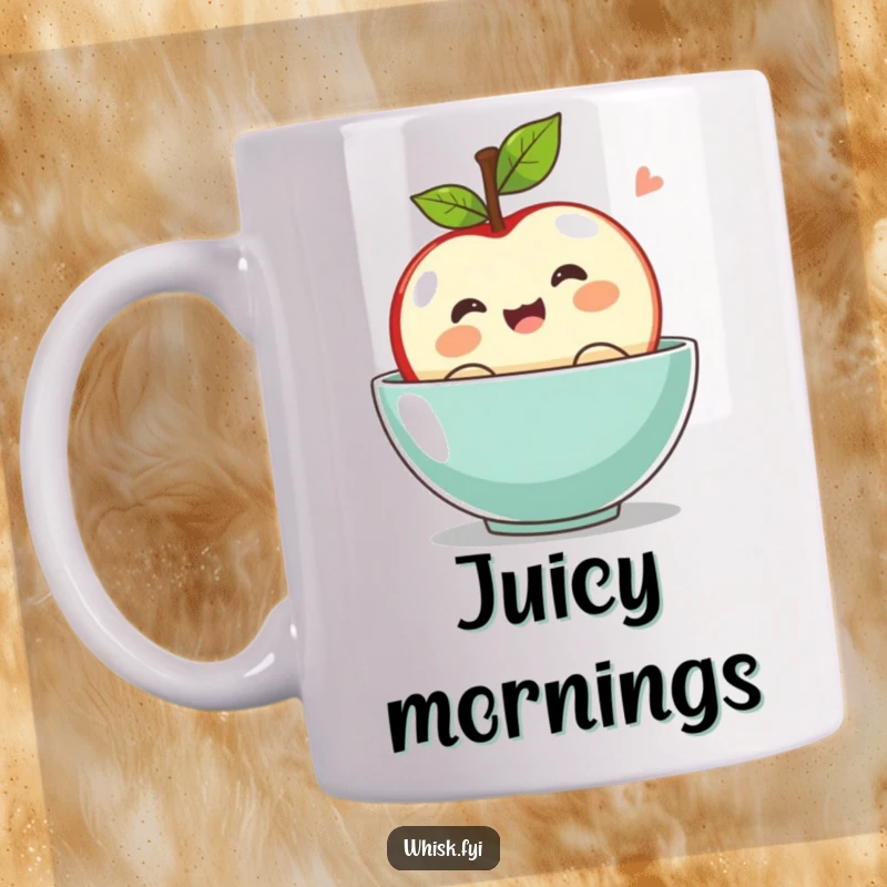 Funny kawaii apple mug, bobbing with excitement in a bowl, looking happy and energetic.