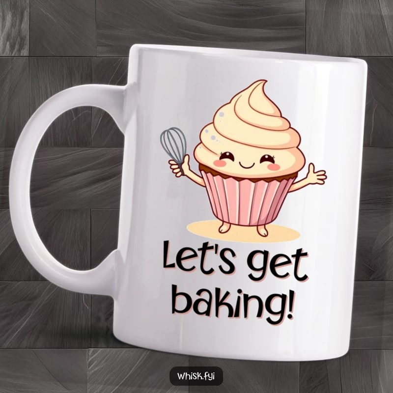 Funny mug featuring a smiling cupcake with outstretched arms, joyfully offering a whisk, ready for baking.