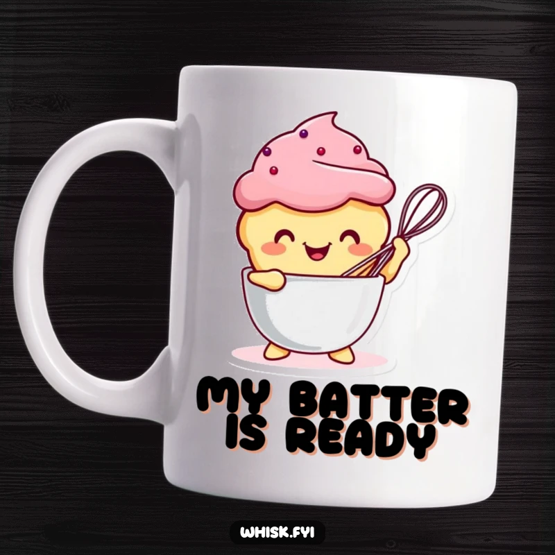 Funny Kawaii muffin character happily tapping a bowl with a whisk, perfect for cheerful morning coffee.