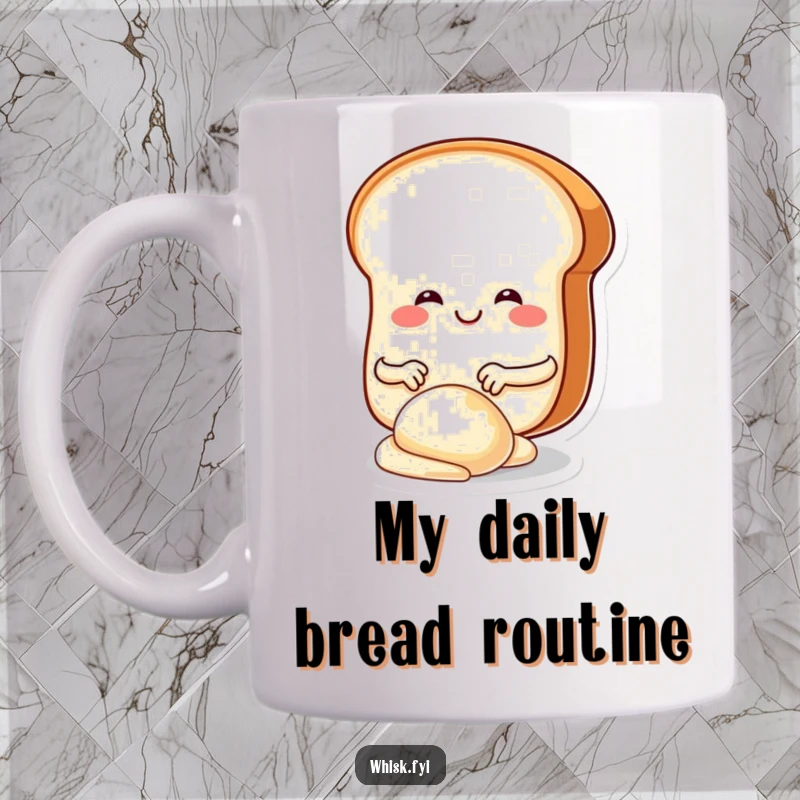 Funny mug with a smiling, round bread slice character joyfully kneading dough with tiny hands, perfect for baking enthusiasts.