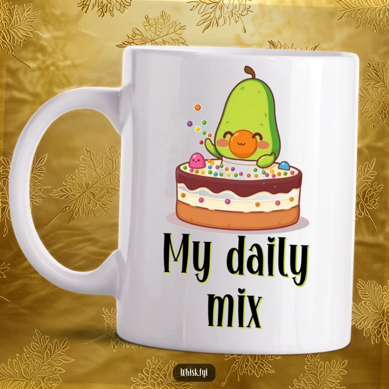 Funny green avocado character in an apron determinedly sprinkling dots onto a cake, a baking mug.