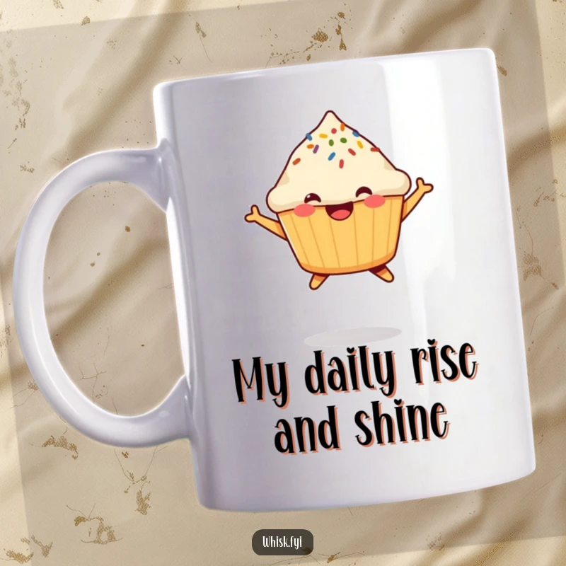 Funny Muffin Mug featuring a jubilant, jumping muffin with a bright sprinkle, ready to start the day with pure happiness.
