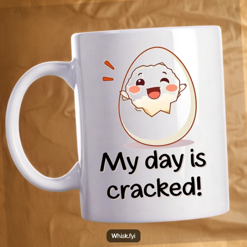 Funny mug featuring a happy egg character cracking itself open with a wide smile and joyful exclamation.