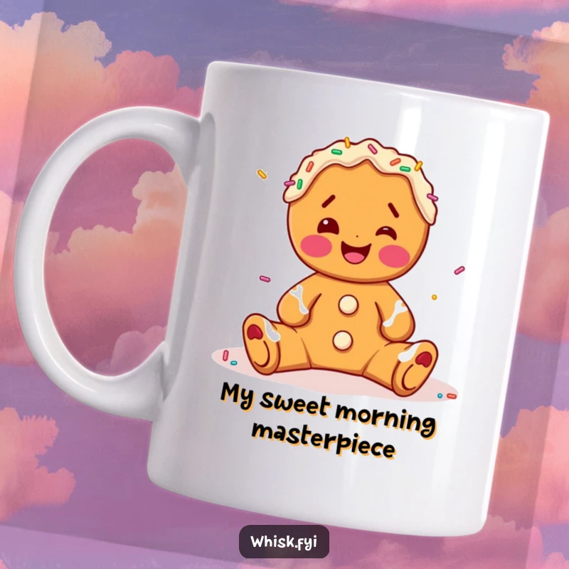Funny gingerbread man mug, joyfully decorating with colorful sprinkles, spreading holiday cheer and baking smiles.