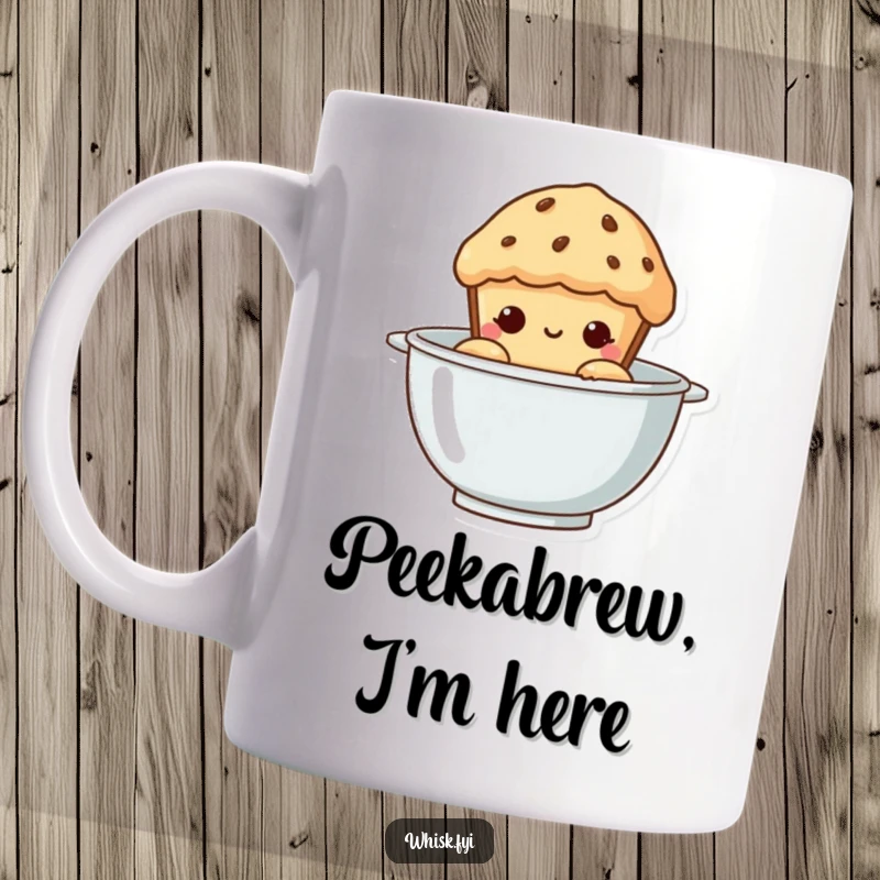 Funny Muffin Mug: A curious, wide-eyed muffin peeking out of a baking bowl, ready to surprise you with a smile.