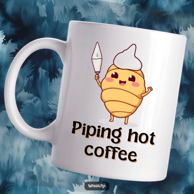 Funny mug of a happy croissant proudly holding a piping bag, ready to decorate pastries.