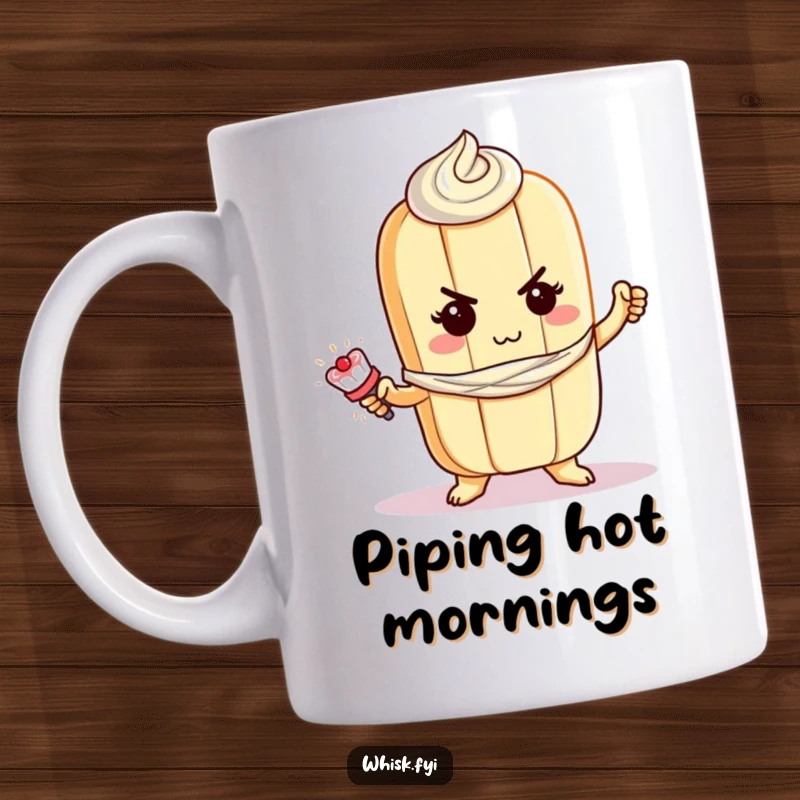 Funny baguette mug featuring a determined baguette character bravely piping frosting, perfect for baking enthusiasts.