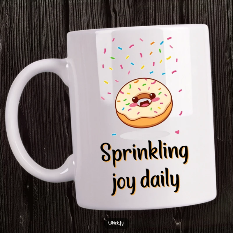 Funny Kawaii donut character joyfully scattering colorful sprinkles from above onto a mug, creating a festive scene.