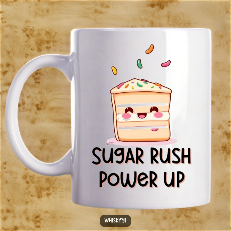 Funny cake mug showing a playful slice of cake expertly juggling three colorful sprinkles, radiating joy and fun.